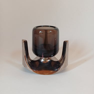 Chrome &amp; Smoked Glass Candleholder by Caesar Stoffi &amp; Fritz Nagel for BMF