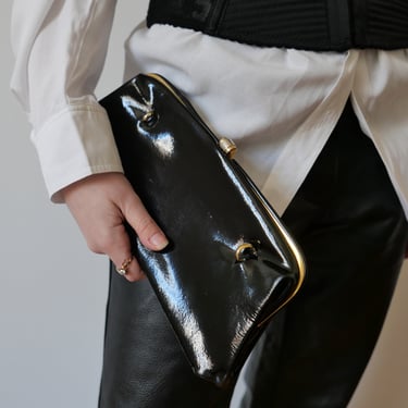 Vintage 80s Black Shiny Clutch: Minimalist Unisex Bag 