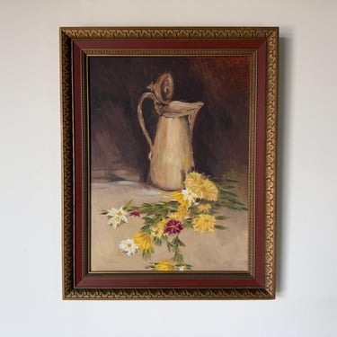 Vintage Floral & Pitcher Still Life Oil Painting on Masonite - Framed 