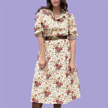 Vintage Dress Retro 1980s Handmade + No Size Tag + Floral Print + Puff Sleeves + Cotton + Midi Length + Bohemian + Preppy + Womens Apparel 