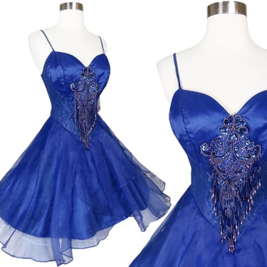 Vintage 80s Blue Lace Organza Fringe Beading Full Skirt Prom Cocktail Party Dress XS S Small Smocked Beaded Short Balletcore Ballerina Glam 