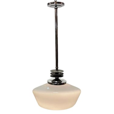 Art Deco Chrome Streamline Pendant Light w/ Opal Schoolhouse Globe 