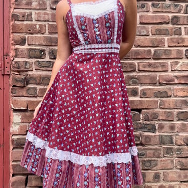 Vintage 1970s Gunne Sax Style Prairie Midi Dress Red Calico Floral XS Small by TimeBa