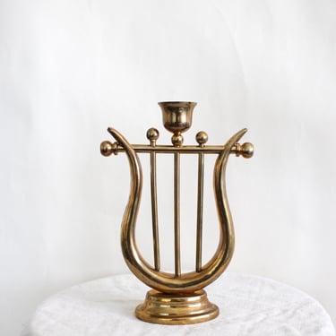 Vintage Brass Lyre Candle Holder, Mid Century Brass Harp Candlestick, Hollywood Regency Music Room Decor, Neoclassical Taper Candle Stand 