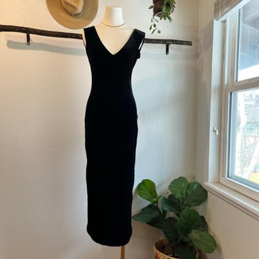 Lisa Ho Vintage 90s Black Velvet Deep V Neck Midi Dress USA Made Size 10 