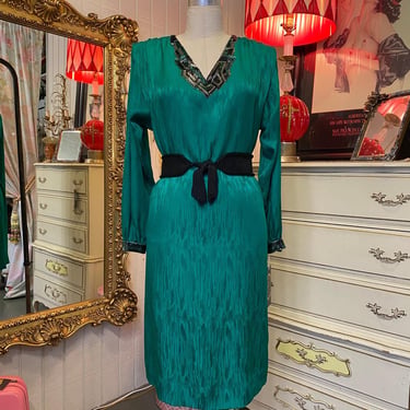 vintage 1980s green silk brocade beaded dress holiday art deco 80s fashion m/l 