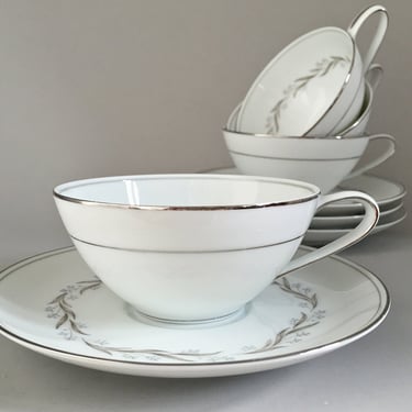 4 Vintage MCM China Tea Cup Sets | White Porcelain with Platinum Trim ~ Noritake Almont  1960s Mid-Century Modern Chinaware 