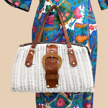 Vintage Wicker Style Basket Purse Retro 1970s Styled by Bounty + Preppy + White + Plastic + Leather Trim + Handbag  Womens Accessories 