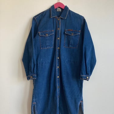 80s 90s Gitano Denim Dress Long Sleeve Military Chic Deconstructed Dark Wash Cotton Blue Jean Dress Shirtdress 1980s 1990s 