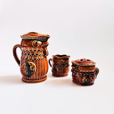 Mid Century Pottery Chicken Tea Set - Teapot, Creamer, and Sugar Bowl 