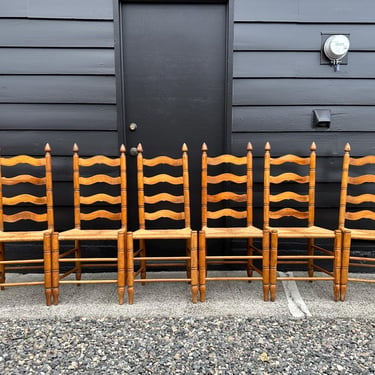 Set of 6 Vintage French Oak & Rush Ladder Back Dining Chairs 
