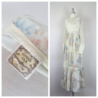 vintage 1970s gunne sax dress floral prairie style high neck lace 