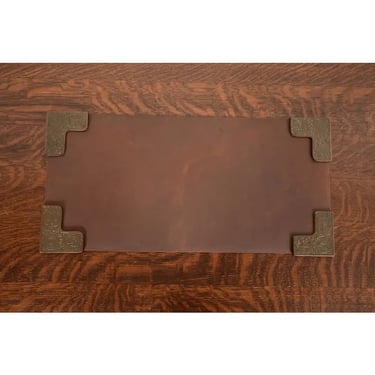 Tiffany Studios New York Zodiac Pattern Bronze Blotter Corners With Leather Desk Blotter