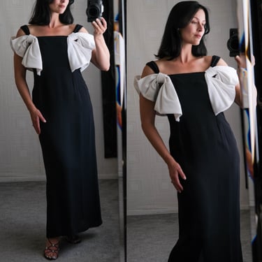 Vintage 80s JERI New York Black Maxi Gown w/ Exaggerated White Bow Off Shoulder Sleeves | Made in USA | 1980s Designer Formal Party Dress 