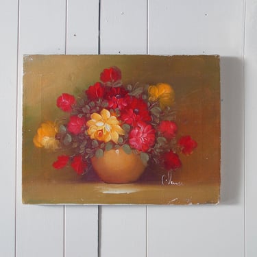 Vintage floral still life oil painting on canvas  / Brocante shabby chic artwork 