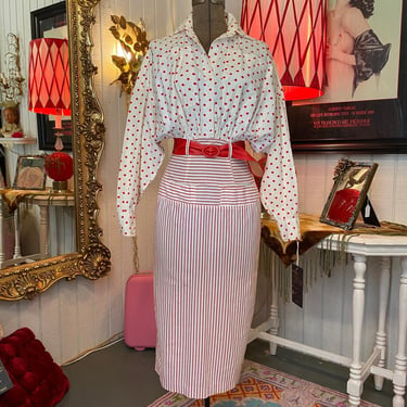 vintage 1980s red and white cotton batwing dress pencil skirt polkadot striped s 