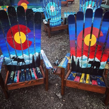 Colorado Ski Chairs (Set of 2) – Hand-Painted Bear & Moose Sunset and Blue Sky Mural 