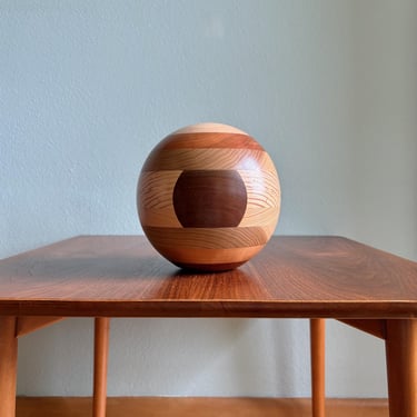 Vintage laminated wood ball / handmade wooden orb in soft browns 