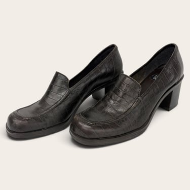 Vintage Heeled Penny Loafers 2000s Retro Womens Size 8M + Preppy + Nine West + Dark Brown + Croc Embossed Leather + 2.75