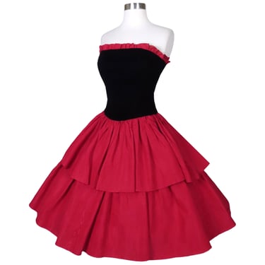 Vintage 80s Black Velvet Red Taffeta Ruffle Strapless Tiered Full Skirt Prom Party Dress S Small Moire 