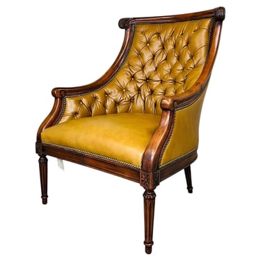 Louis XVI Style Tufted Golden Cognac Leather Lounge Chair By Old Hickory Tannery 