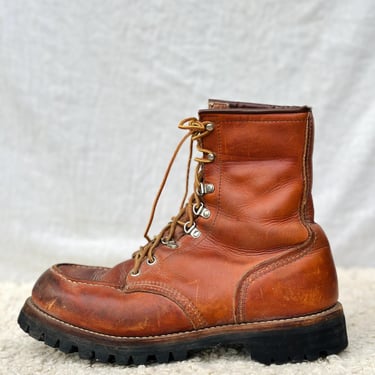 Vintage Red Wing Irish Setter 855 Logger Boots Womens 9.5-10 Mens 8D Wide Brown Leather Vibram Sole USA Made 