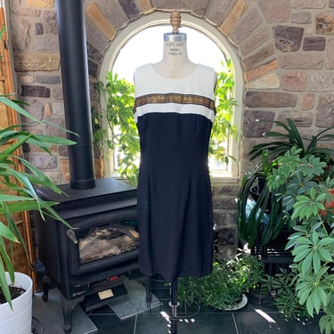 Vintage 1980s Black and Ivory Sleeveless Dress Black and Gold Metallic Trim S L Fashions 