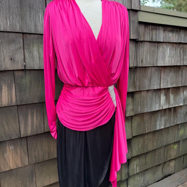 Vintage disco wrap dress jersey pink black sz S/M beaded accent 