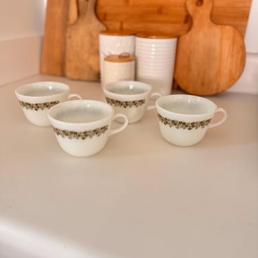 Vintage Pyrex Milk Glass Spring Blossom | Crazy Daisy Green Floral Coffee Cups | Set of 4 