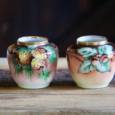 SMALL Vintage Limoges France Cabinet Vases, Spring Decor, Hand Painted Vase Set, Artist signed, Pinecone and Acorn Designs, Host Gift, FLAW 