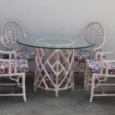 Four McGuire Style Rattan Cracked Ice Dining Arm Chairs And Chinoiserie Table 