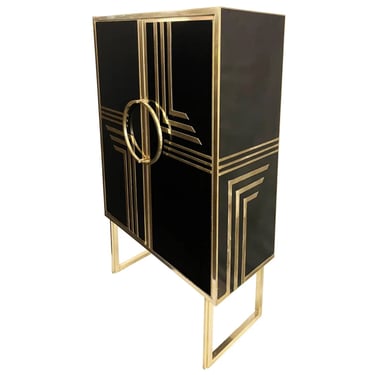 1970s Italian Vintage Art Deco Geometric Gold Brass & Black Glass Tall Cabinet