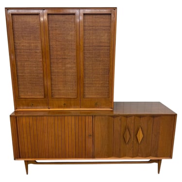 Mid-Century Modern Walnut & Cane 2-Piece Tambour Hutch 