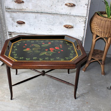 Antique Faux Bamboo Mahogany Table with Toleware Tray 
