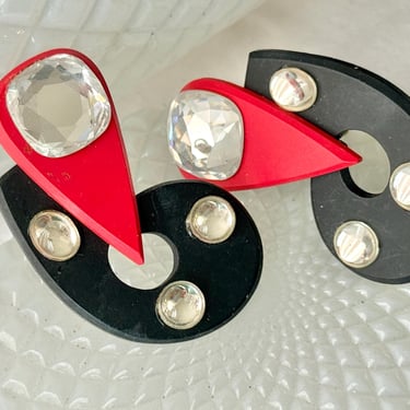 BIG 80s Earrings, New Wave Design, Artsy Bling, Large Size, Clip On 