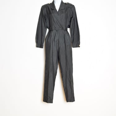 vintage 80s jumpsuit black swishy military flight one piece outfit romper S M 
