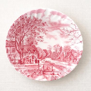 Vintage Johnson Bros Red Transferware Bowl English Cottagecore Landscape Fluted Edge 