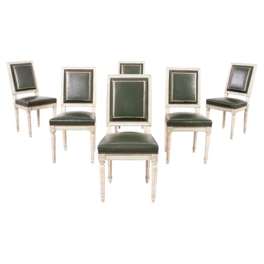 Set of Six Louis XVI Style Painted Dining Chairs Green Leather