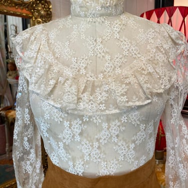 vintage 1970s sheer lace ivory blouse high neck ruffled victorian s/m cottage 