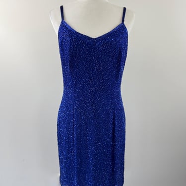 1980s Oleg Cassini Royal Blue Beaded Dress 