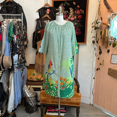 vintage 60's models coat green cotton parrot print robe 