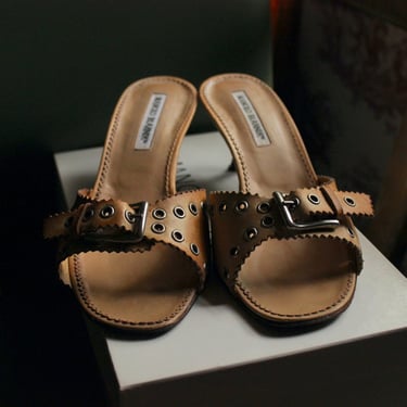 Y2k Tan Manolo Blahnik Buckle Slide Heels w/ Silver Buckle and Grommets 