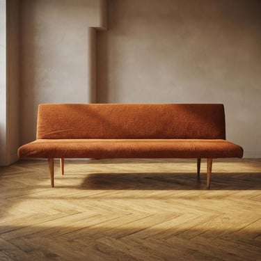 Mid-Century Folding Daybed by Miroslav Navrátil, Orange Upholstery, 1960s, Czechoslovakia, 186 × 60 × 72 cm 