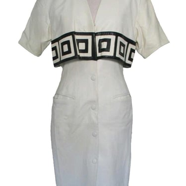 Vintage 80s Vakko Soft Leather Dress, White Black, Size 8 Women 