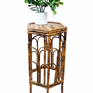 Vintage Burnt Bamboo Hexagonal Plant Stand, Tall 29.5-Inch Display Pedestal 