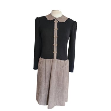 Vintage 1980s CIAO Dress Drop Waist Black Knit Gray Faux Suede / M 