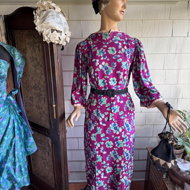 Vintage 1930s Art Deco Floral Rayon Dress - Medium 