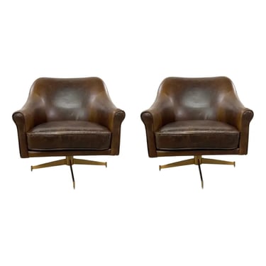 Revelation Modern Chocolate Brown Vintage Style Leather Ellington Swivel Chairs Pair