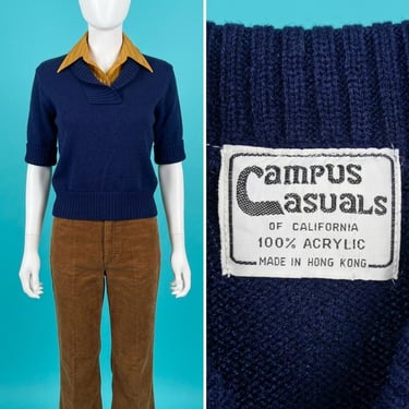 Vintage 1970s Basic Navy Blue Preppy Shawl Collar Sweater Size S/M 
