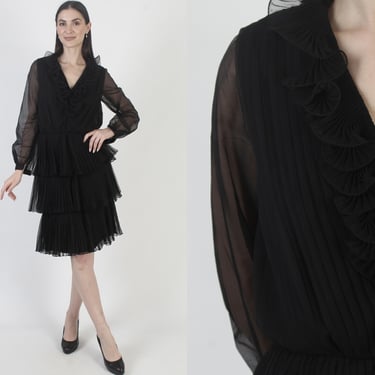 Vintage Black Chiffon Dress, Disco Party Mini, Monochrome Grecian Goddess Gown 